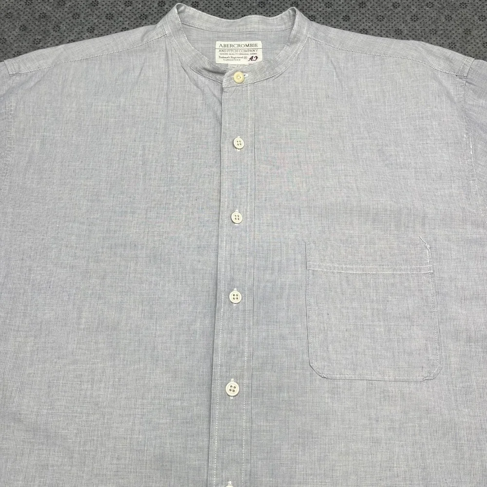 Y2K Abercrombie & Fitch Mens Band Collar Shirt Grey Micro Gingham Cotton Large L